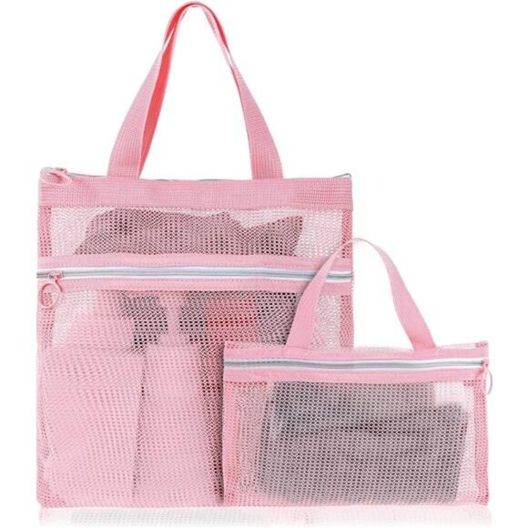 Pink mesh shower caddy bag set of 2 toiletry organizer quick dry for dorm gym ca - Picture 1 of 8